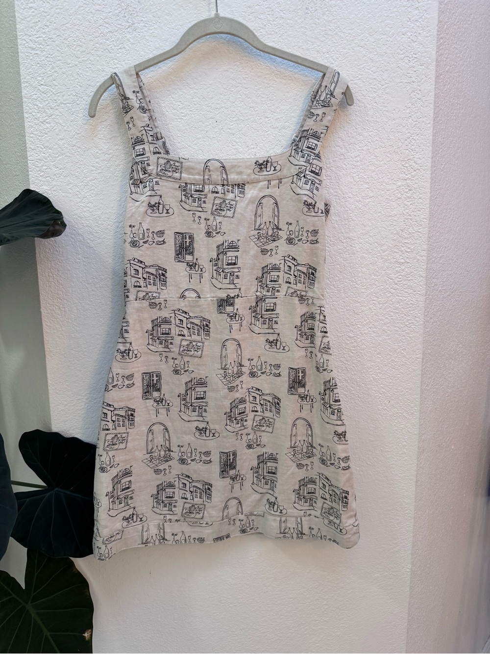 Abercrombie & Fitch Cream Mini Dress with Black Scenic Print Linen Cotton Blend